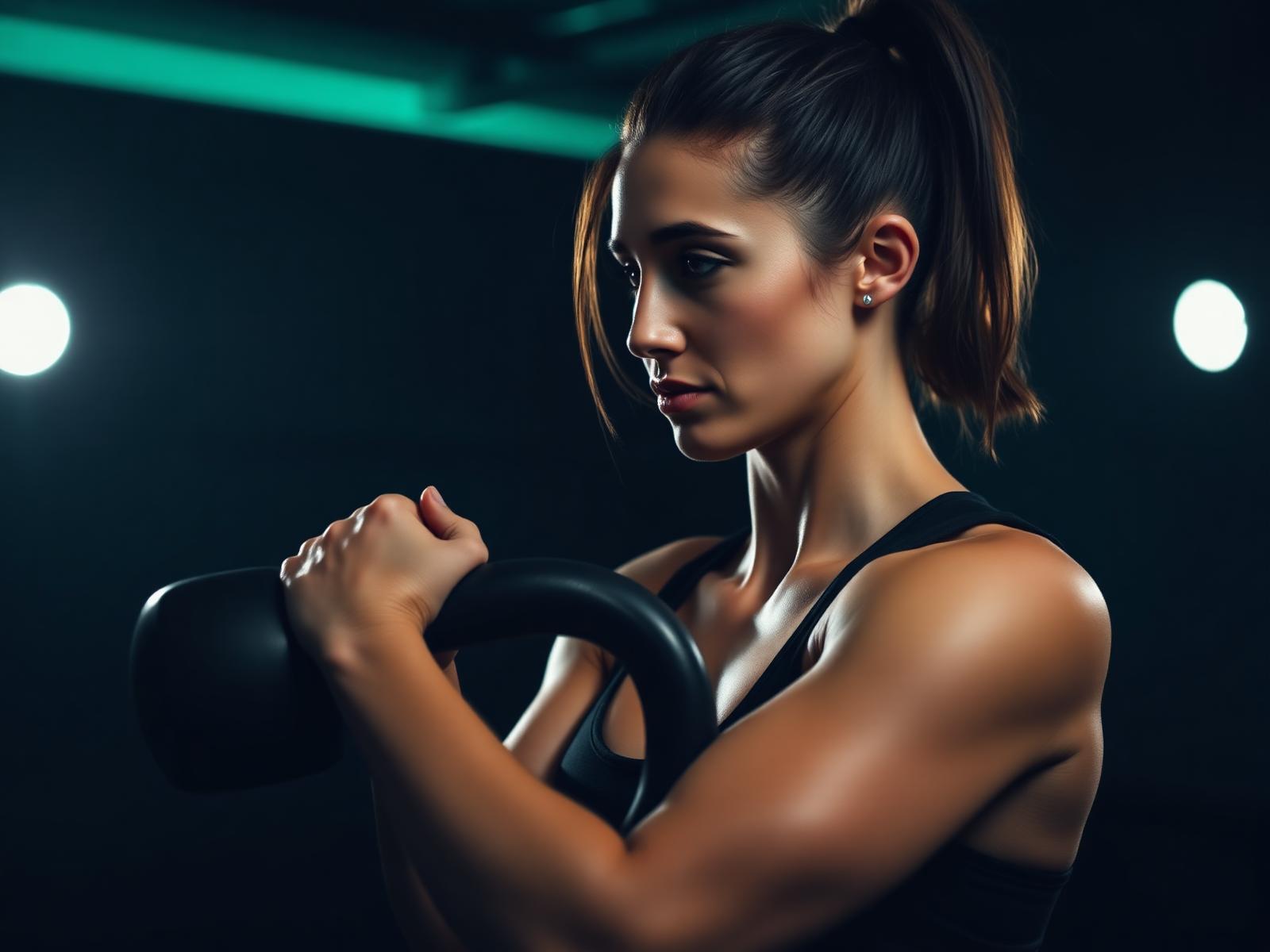 Frau beim fokussierten Krafttraining mit Kettlebell